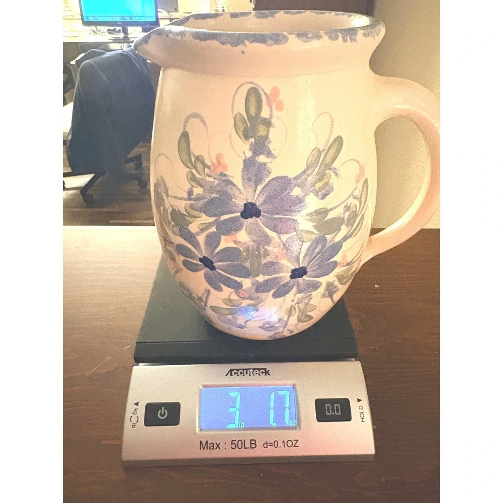 East Texas Pottery Blue Floral Hand Painted Ceramic Pitcher Marshall Texas 7.5in
